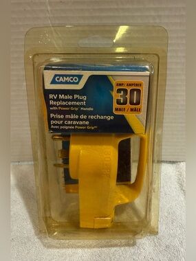 New Camco Yellow 30A RV Male Plug Replacement with Power Grip Handle